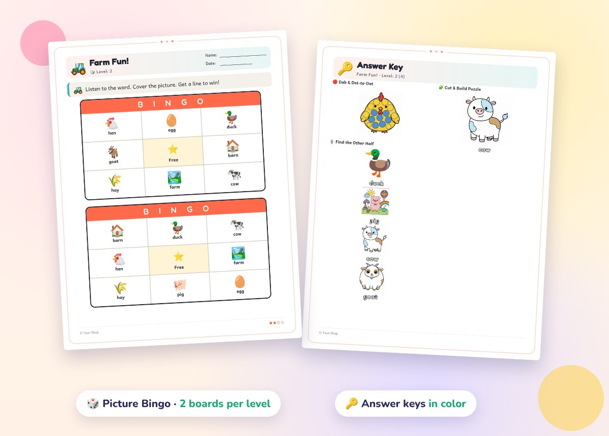 Picture bingo boards and color answer keys