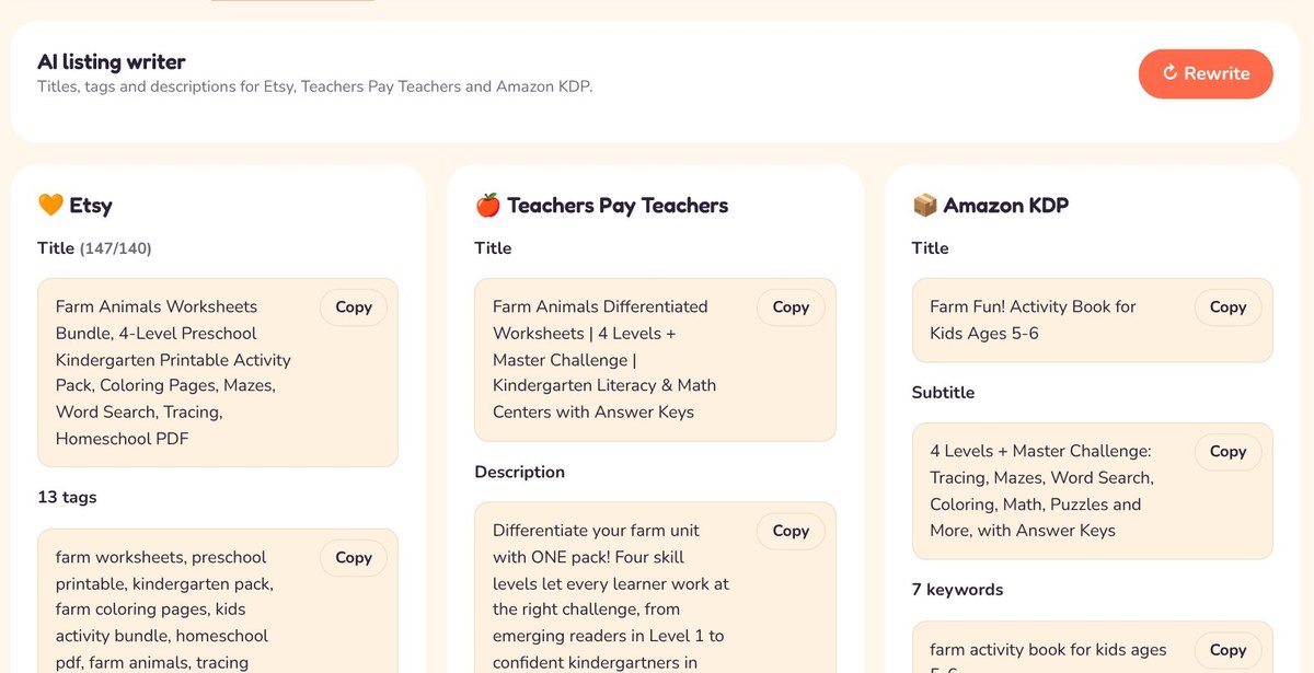 AI listing writer for Etsy, TPT and Amazon KDP