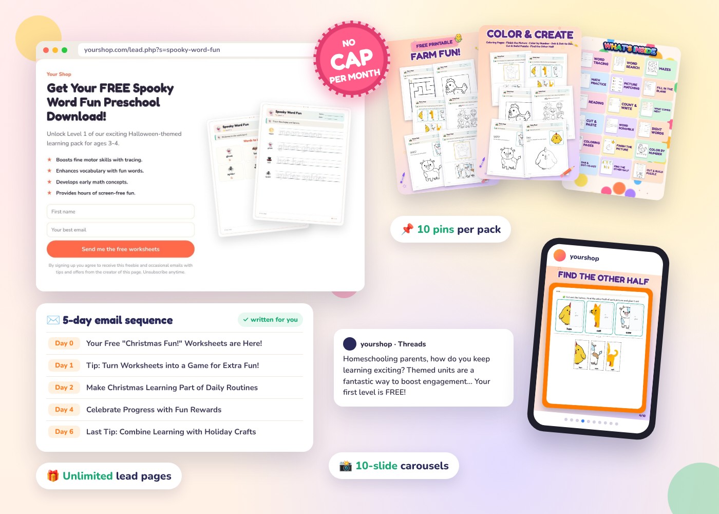 Traffic & Leads: a freebie lead page, pins, carousel, Threads post and 5-day email sequence