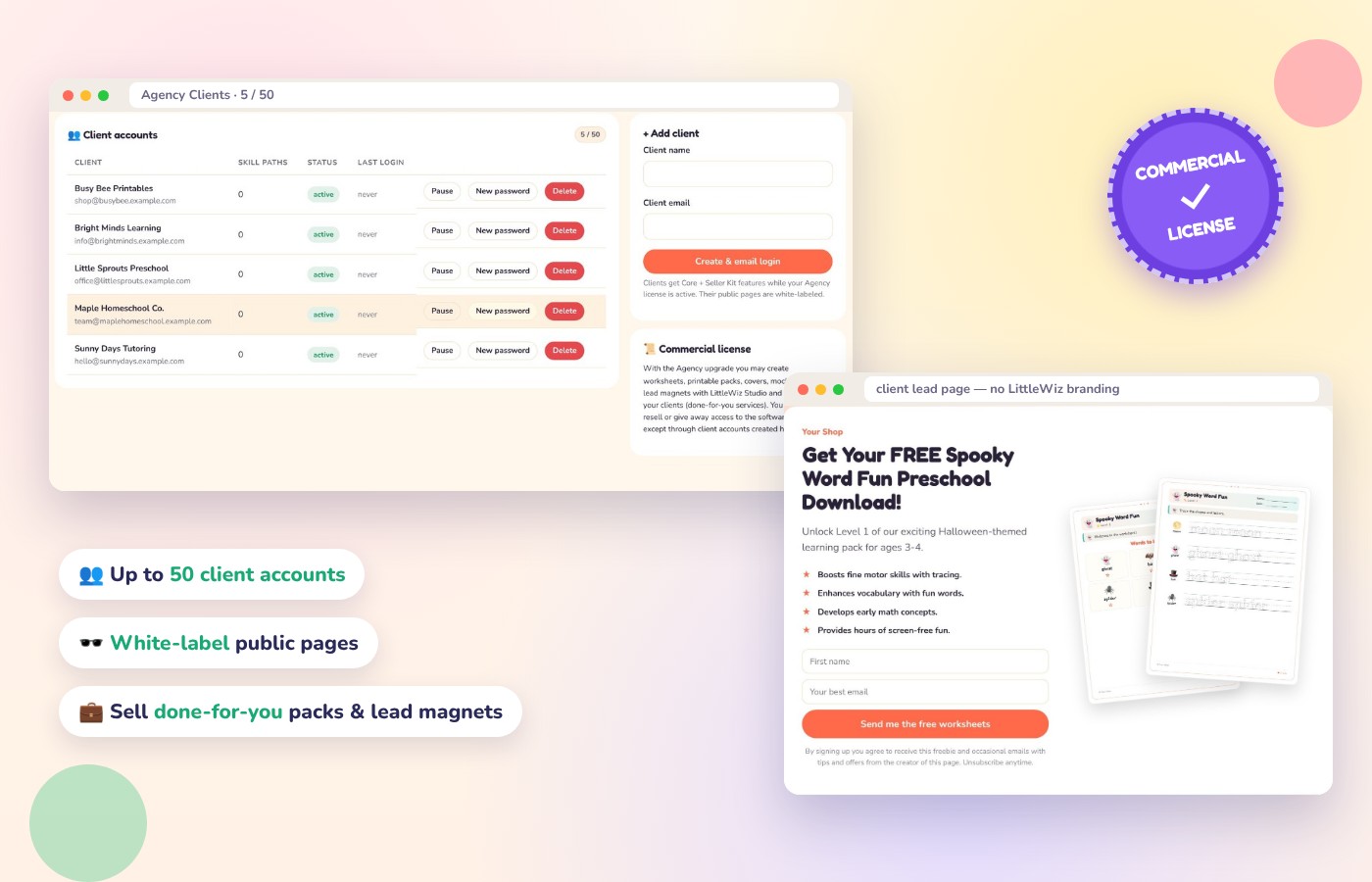 Agency: client accounts, white-label lead page and commercial license